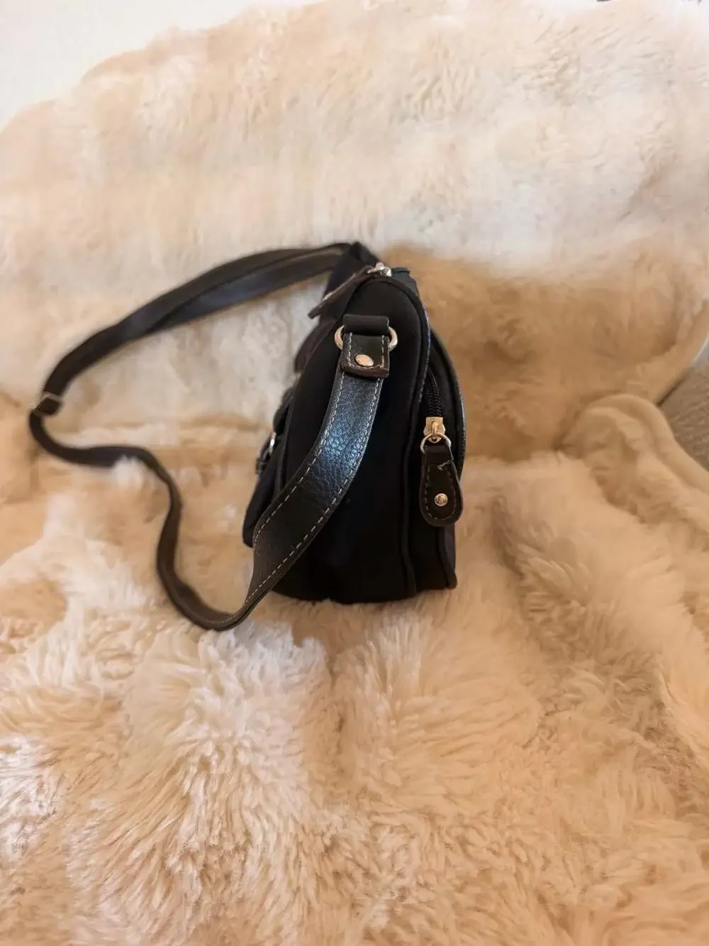 Black Canvas Crossbody Bag with Faux Leather Buckle Pockets